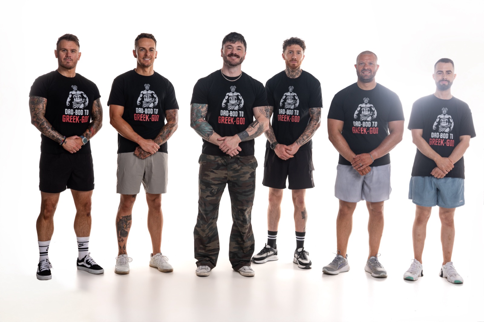 Six Olympus Programme clients wearing Dad-Bod to Greek-God t-shirts